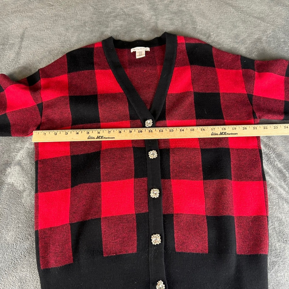 Tommy Bahama Womens Red Black Buffalo Plaid Rhinestone Button Cardigan Sweater M - Picture 4 of 8